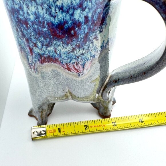 Art Pottery Blue Drip Glaze Coffee Mug Thumb Rest Unique Animal-Like Footed Base - Picture 3 of 8